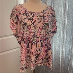 Talbots T Pink and Black Gray Floral Blouse xl pretty and comfy euc 8098